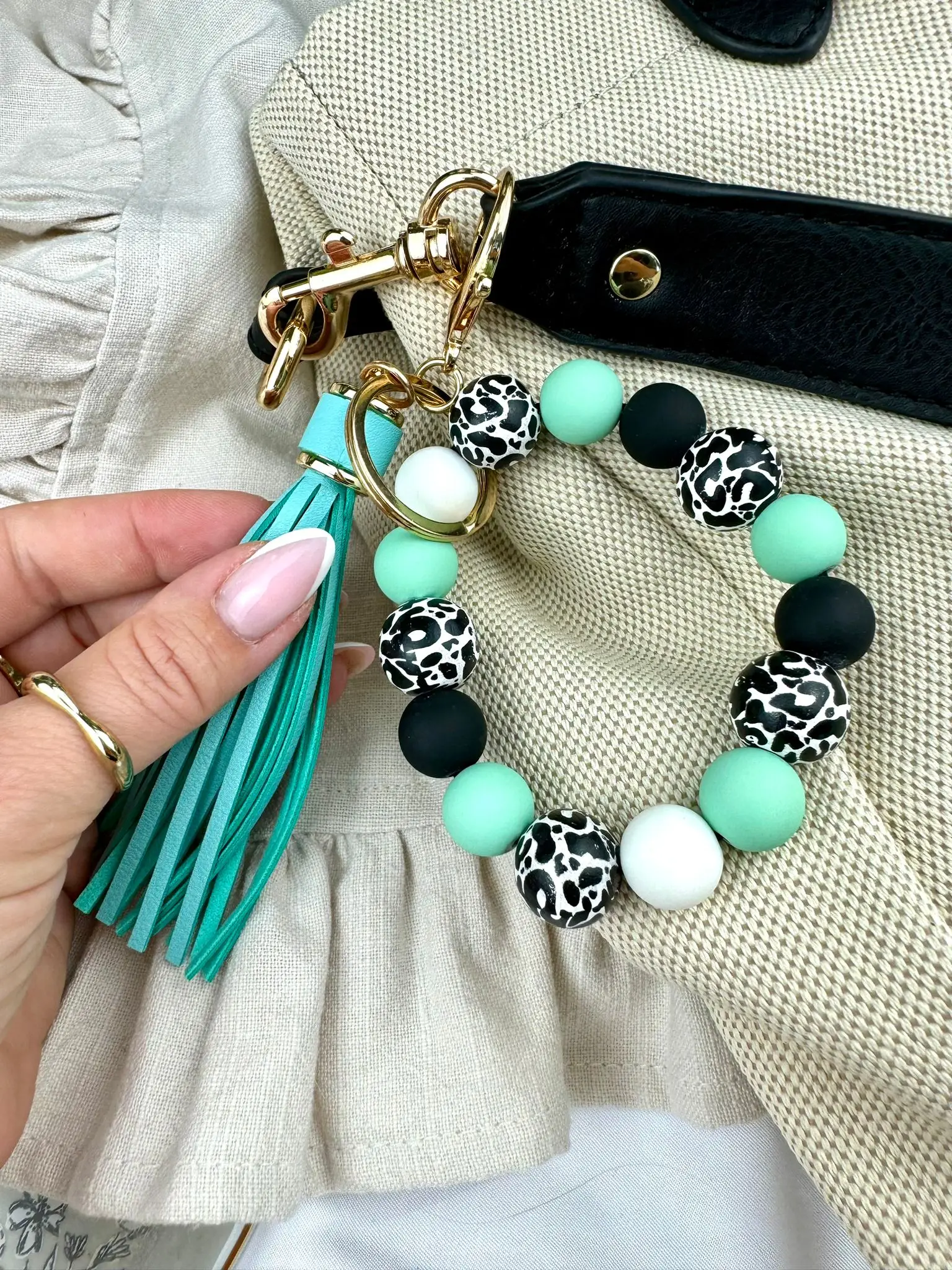 Leopard Silicone Beaded Mint Wristlet Keychain with Faux Leather tassel,  will add a fashionable touch to any bag or phone - Image 1