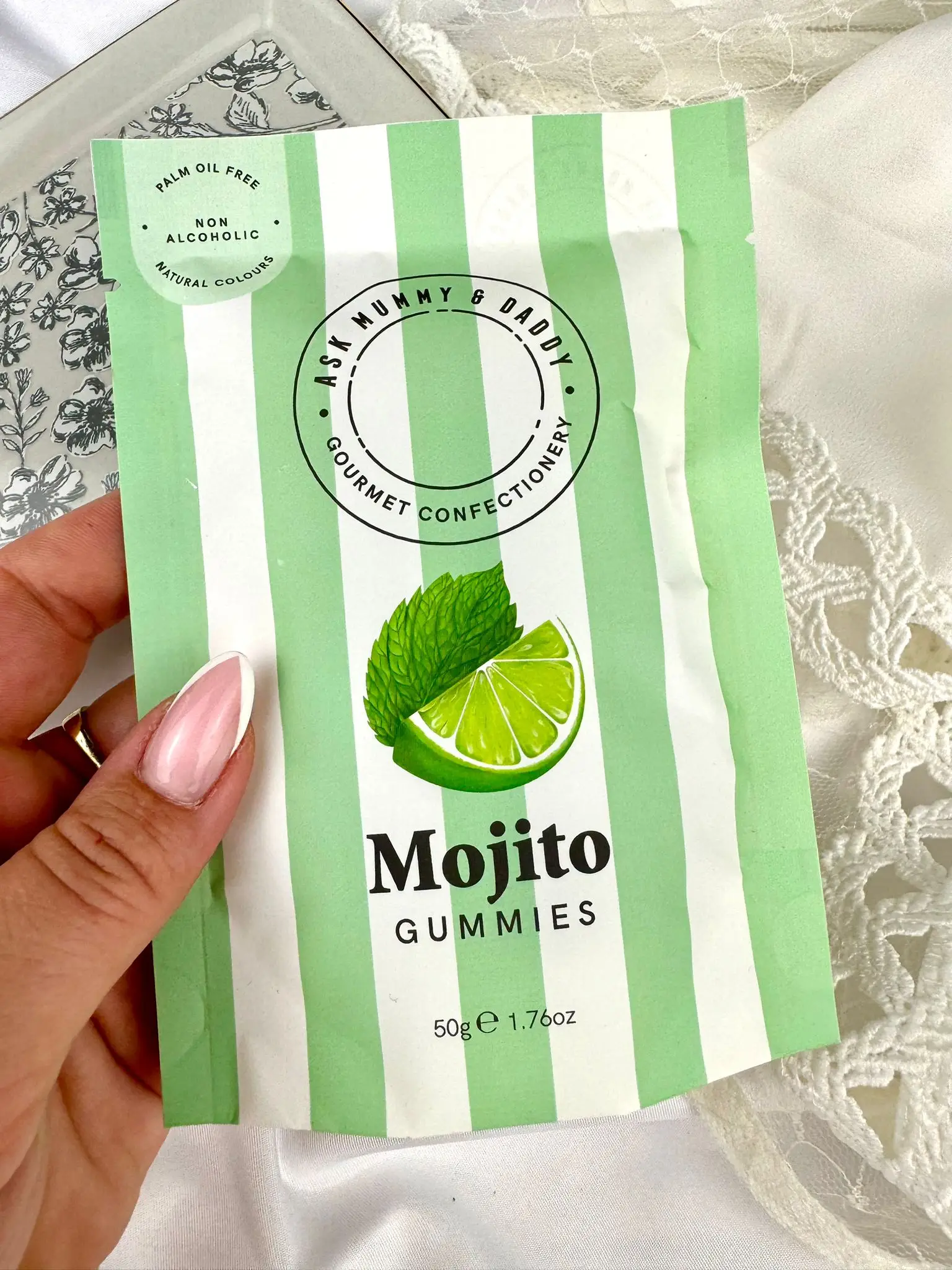 Mojito Gummies bursting with lime, mint and rum flavours. 50g, palm oil-free, alcohol-free, made with natural colours - Image 1