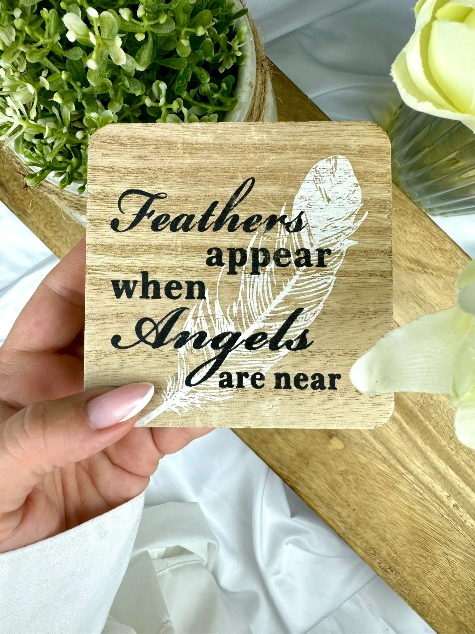 Feathers appear when Angels are near - lovely wooden plaque 10cm, sweet and sentimental home decoration - Image 1
