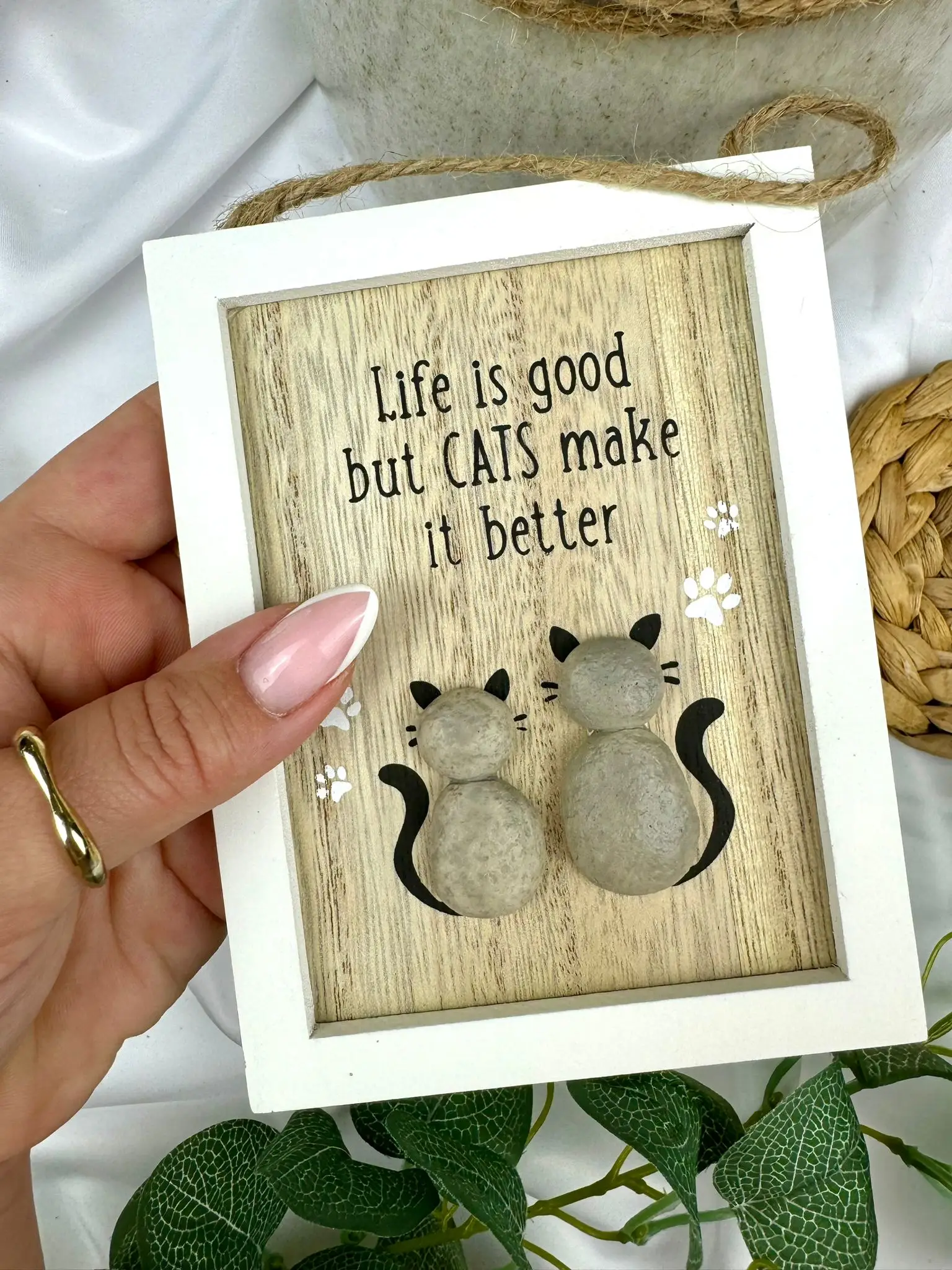 'Life is good, but CATS make it better' fun, wooden sign with two pebble cats - Image 1