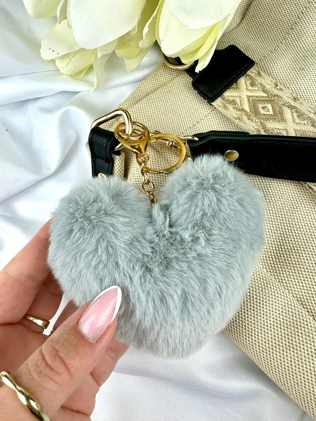 Gray Fluffy Love Heart Keyring - Image 1