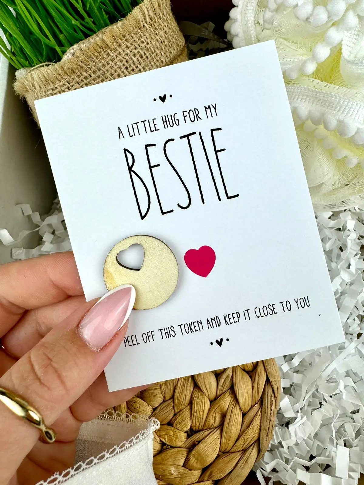 Wooden 'a little hug for my BESTIE' Cute lucky charm, pocket hug - Image 1