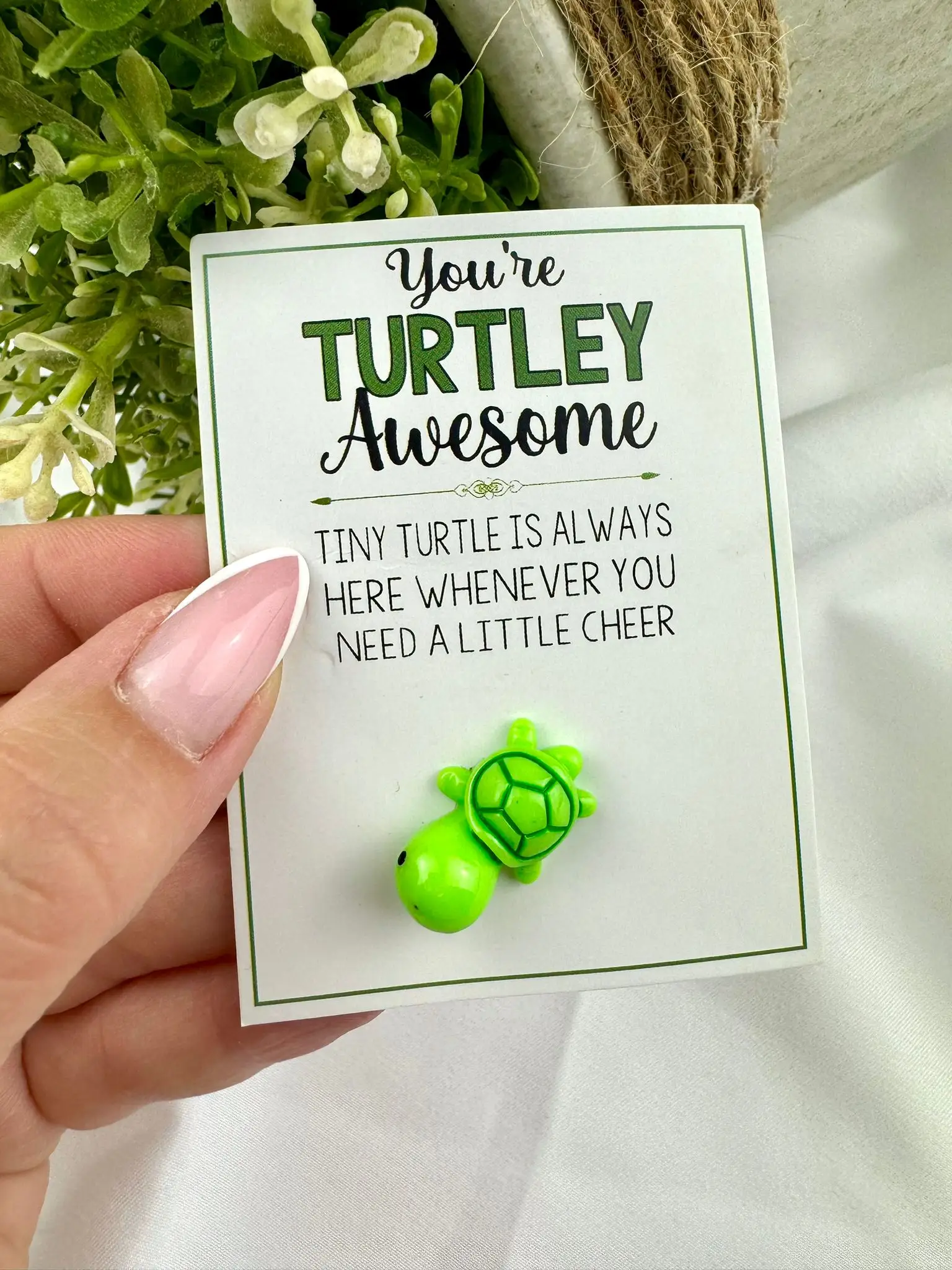 'You're turtley awesome' Cute and tiny green Turtle lucky charm, pocket hug - Image 1