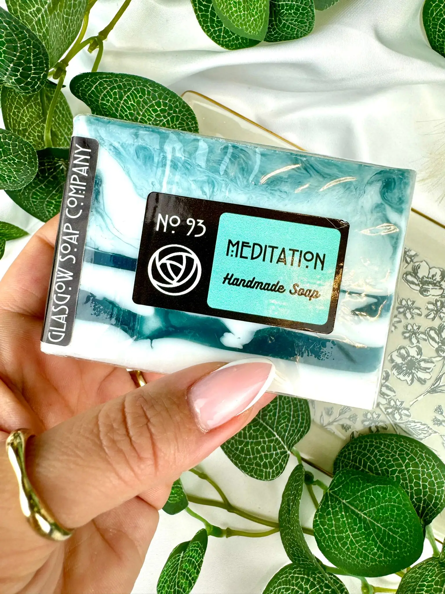 "Meditation" Handmade Soap slice 120g, with calming floral accord, sweet orange, delicate green leaf and chamomile on a mimosa and violet leaf - Image 1