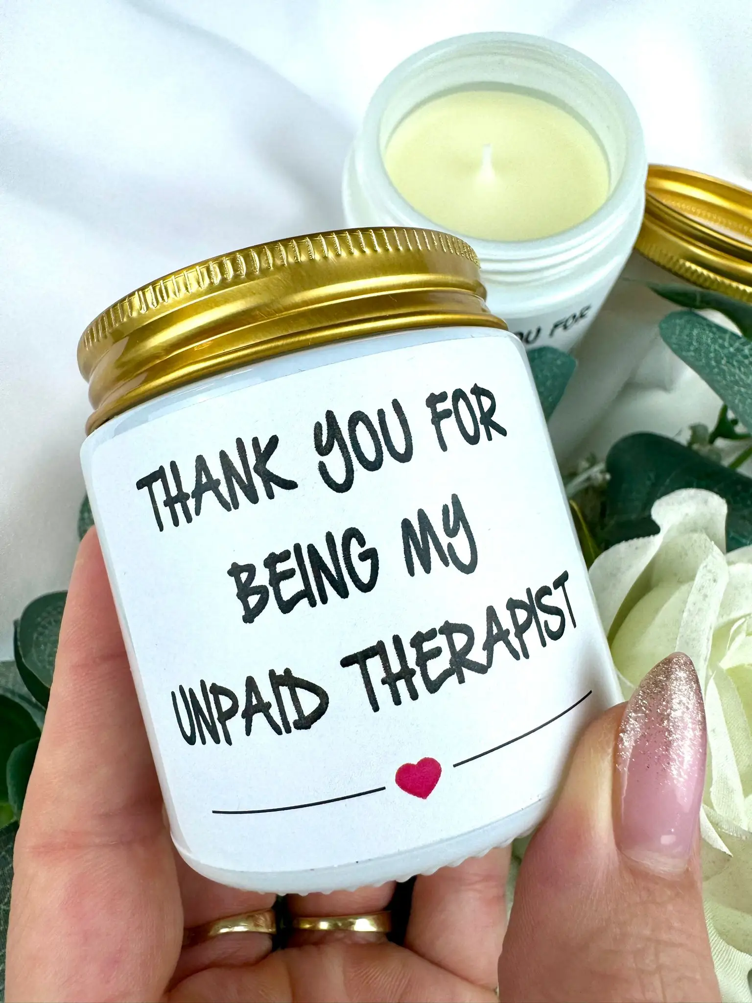 "Thank you for being my unpaid therapist" glass jar candle, 100% soy wax, lavender essential oil - Image 1