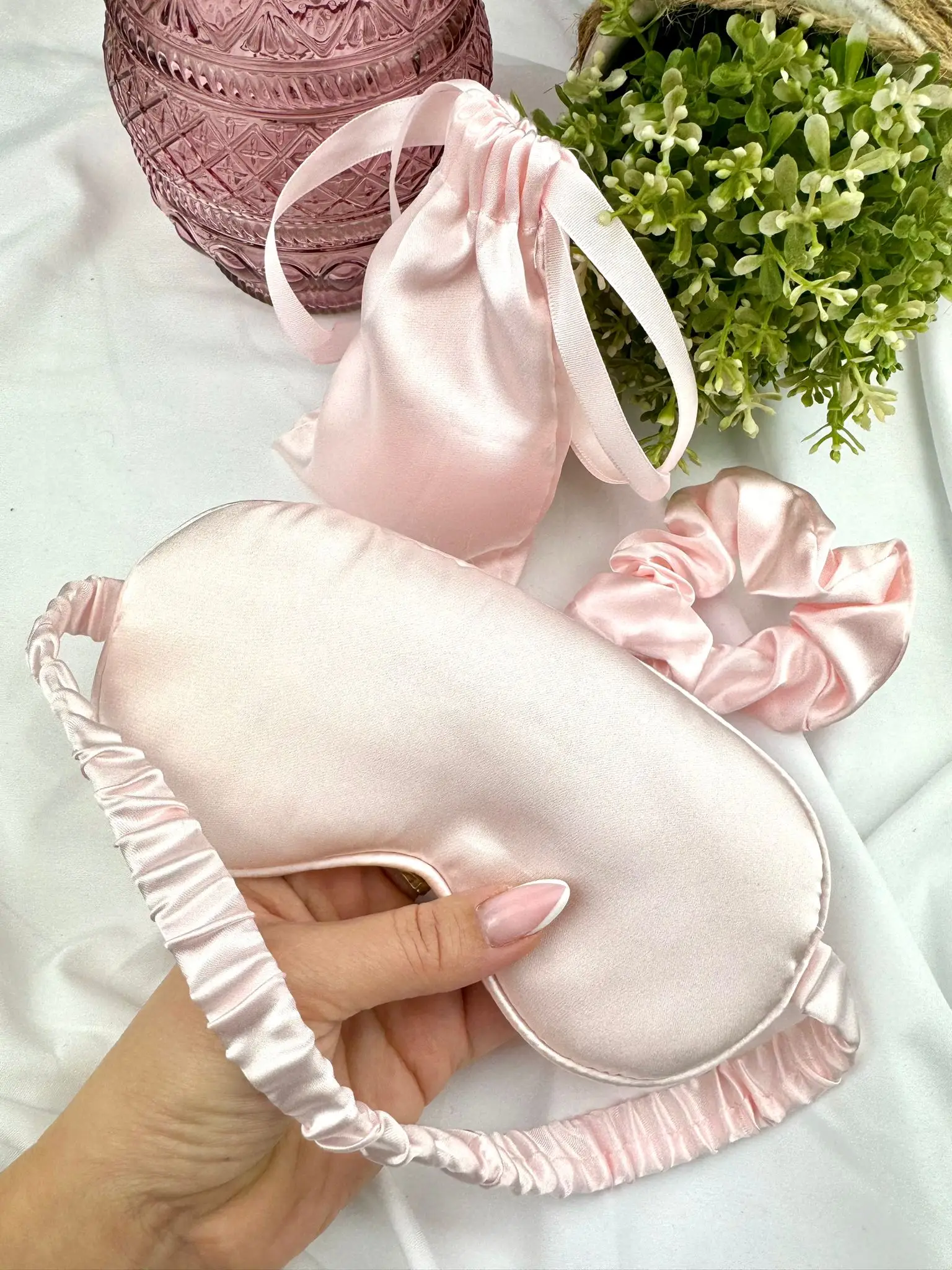 3 Pieces Satin Pink set with super-soft Eye Mask and scrunchie - Image 1