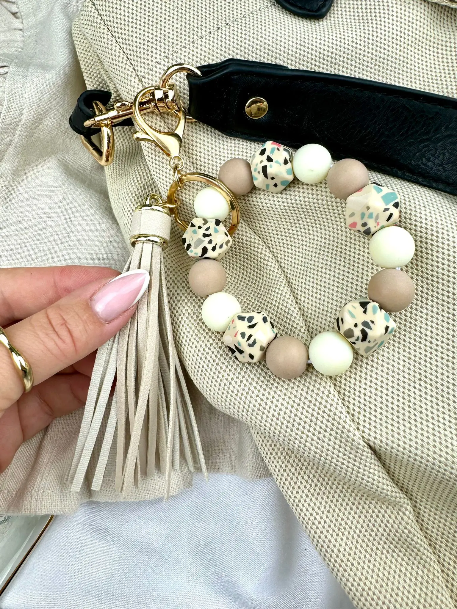 Silicone Beaded Beige Keychain with tassel will make a beautiful addition to your keys, bag or phone - Image 1