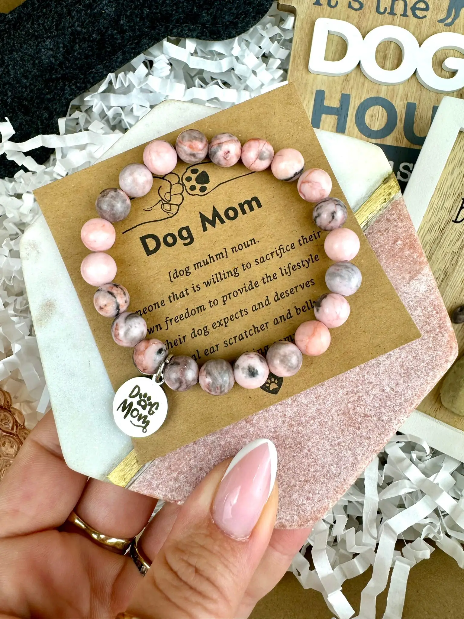 Pink Stone Beads 'Dog Mum' Bracelet - Image 1