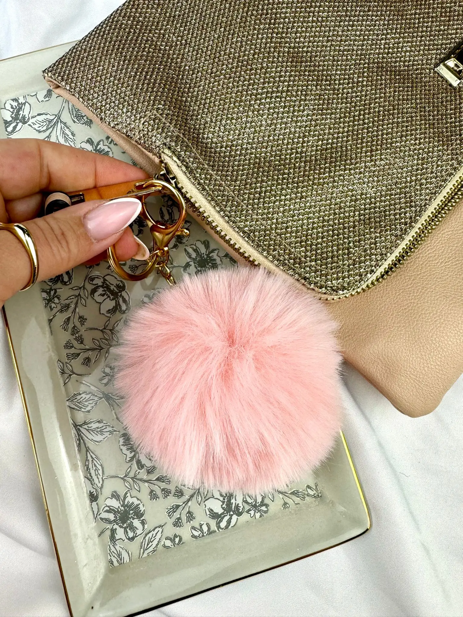Fluffy Pink Pom Pom Keychain - Image 1
