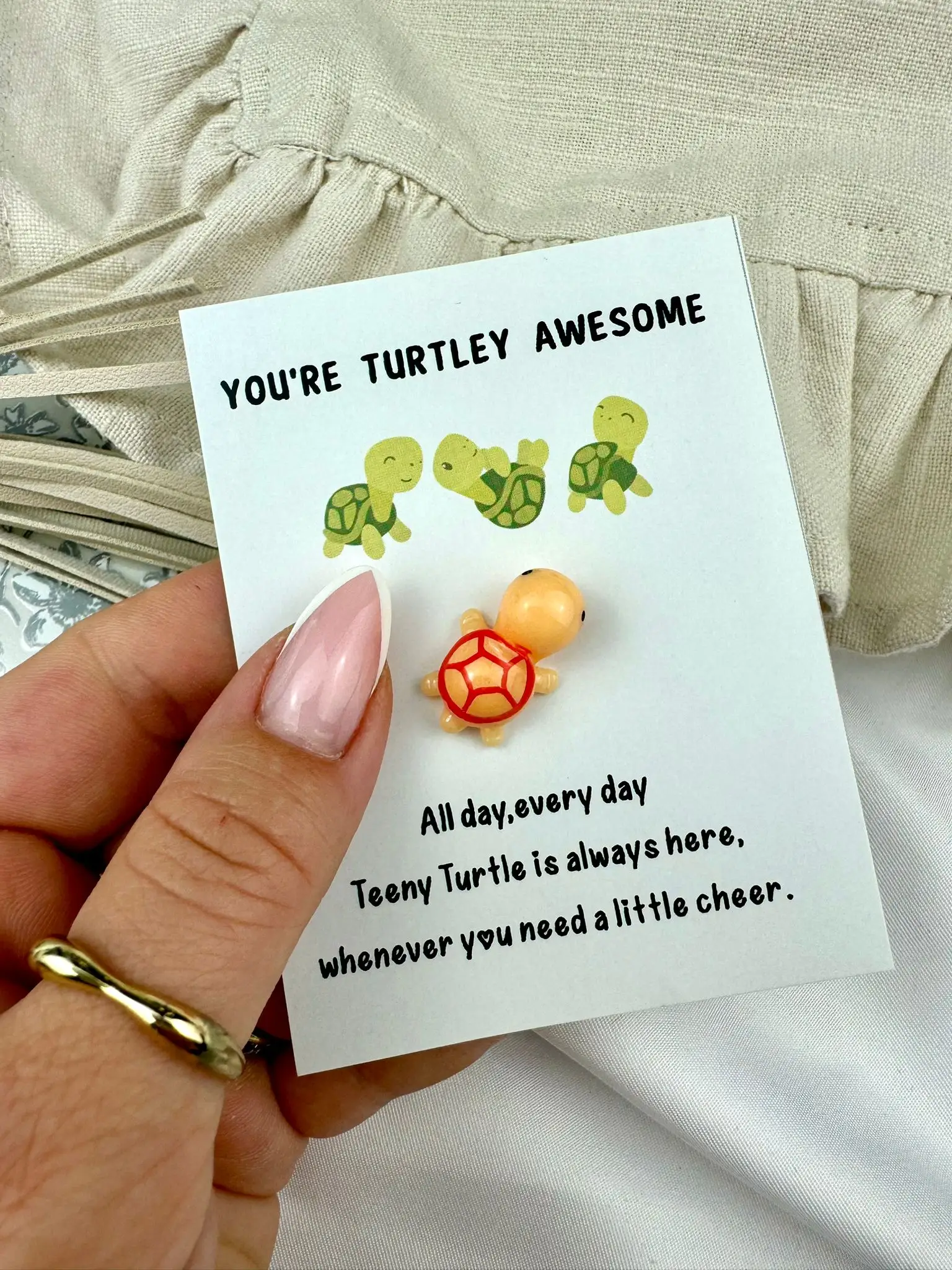 'You're turtley awesome' Cute and tiny orange Turtle lucky charm, pocket hug - Image 1