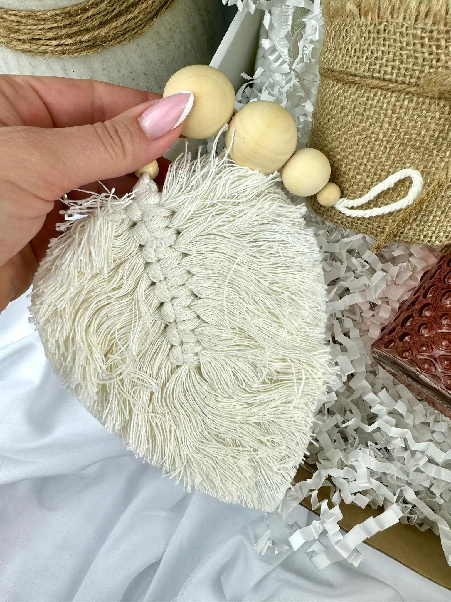 Hanging Macrame Woven Leaf with wooden beads, perfect for home, office or holiday decor - Image 1